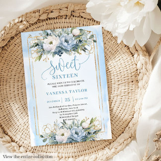 Luxuriöse Dusty Blue White Gold Blume Sweet 16 Einladung