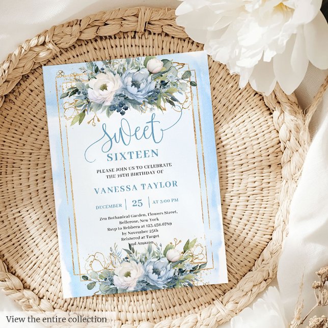 Luxuriöse Dusty Blue White Gold Blume Sweet 16 Einladung (Luxurious Dusty Blue White Gold Flowers Sweet 16 Invitation)