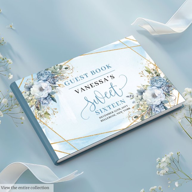 Luxuriöse Dusty Blue White Gold Blume Sweet 16. Gästebuch (Luxurious Dusty Blue White Gold Flowers Sweet Sixteen Guest Book)