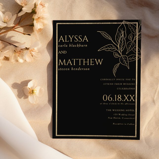 Luxuriöse, einfache und schwarze goldgelbe Hochzei Einladung (Luxury simple and black gold foliage wedding )