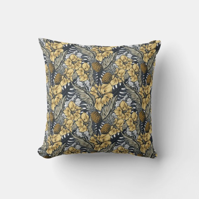 Luxuriöse Elegange Gold N'Black Tropical Blume Kissen (Vorderseite)