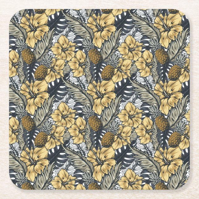 Luxuriöse Elegange Gold N'Black Tropical Blume Rechteckiger Pappuntersetzer (Vorderseite)