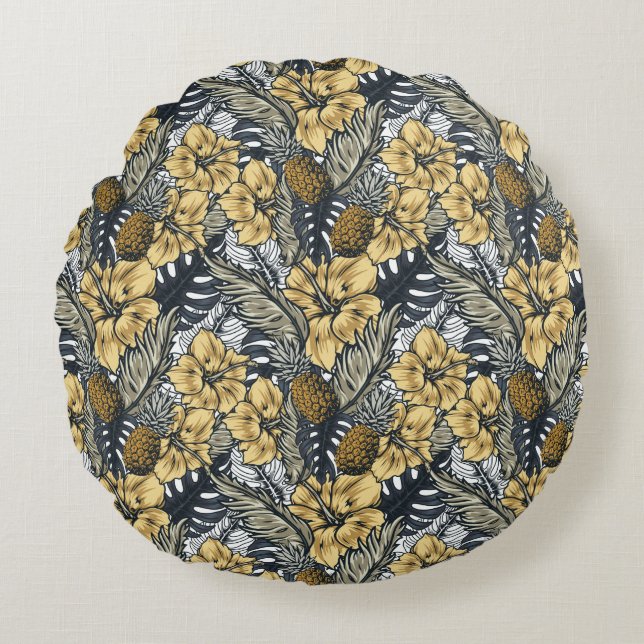 Luxuriöse Elegange Gold N'Black Tropical Blume Rundes Kissen (Vorderseite)