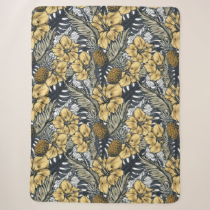 Luxuriöse Elegange Gold N'Black Tropical Blume Sherpadecke