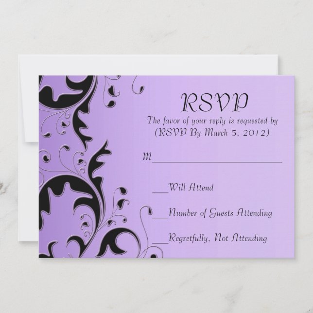 Luxuriöse Elegant Black/Lila Floral RSVP Karte (Vorderseite)