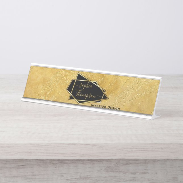 Luxuriöse Elegant Gold Glitzer Marmorschrift Schreibtischnamensplakette (Vorderseite )