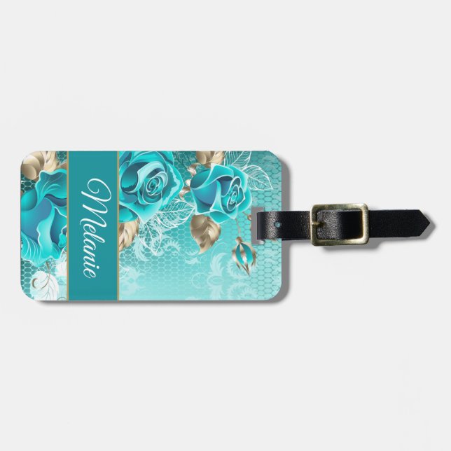 Luxuriöse Elegant Mint Gold Aquamarin Lace Blume l Gepäckanhänger (Vorderseite horizontal)