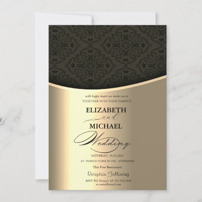 Luxuriöse Elegante Black Damask Gold Hochzeit Einladung (Vorderseite)