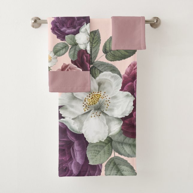 Luxuriöse elegante Florals Rose Lila Badhandtuch Set (Insitu)