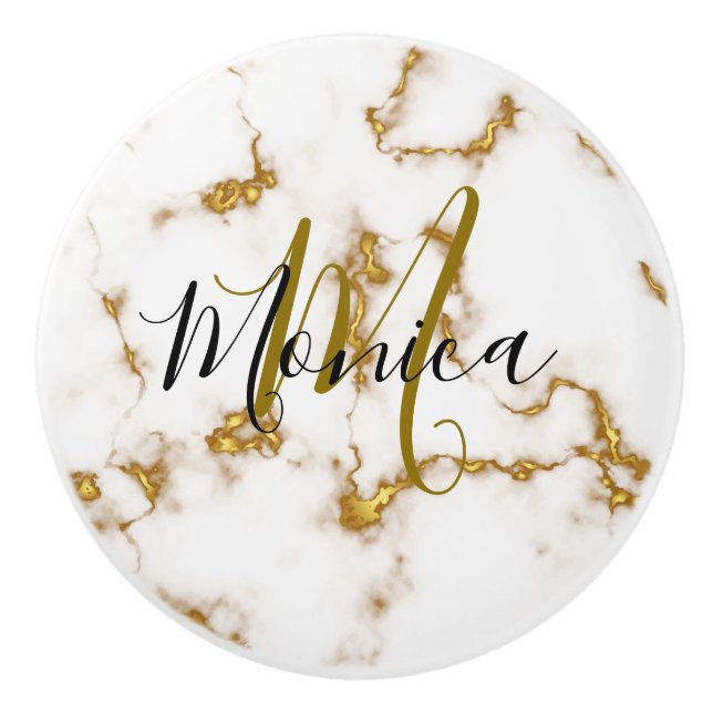 Luxuriöse elegante Marmorgold moderne Monogramm Keramikknauf (Vorderseite)
