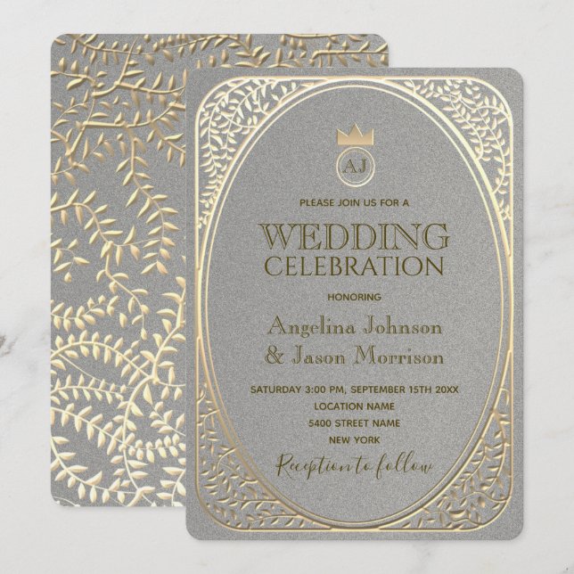 Luxuriöse elegante Silver & Gold Wirbel Hochzeit Einladung (Vorne/Hinten)