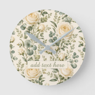 Luxuriöse Elfenbein-Rose und Salbei-Eukalyptus-Hoc Runde Wanduhr