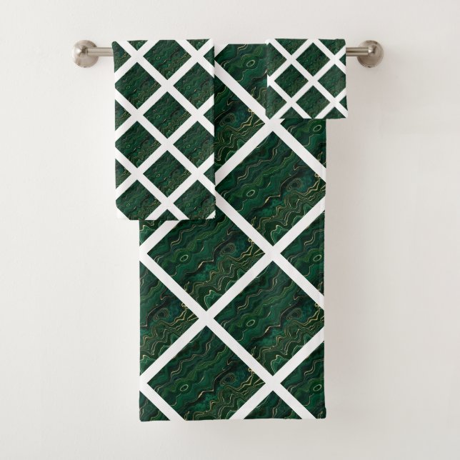 LUXURIÖSE EMERALD GREEN MARBLE GRID BADHANDTUCH SET (Insitu)