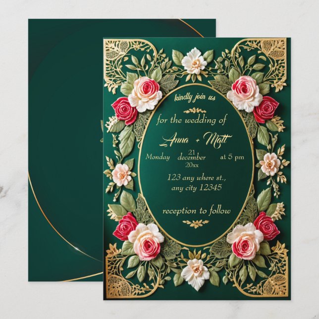 Luxuriöse Emerald Green Wedding Einladung mit Fl (Vorne/Hinten)