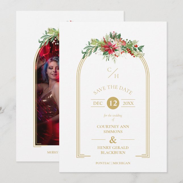 Luxuriöse Extravagante Initials Arch Floral Weihna Save The Date (Vorne/Hinten)