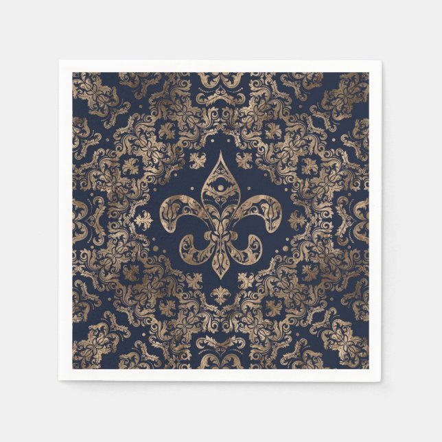 Luxuriöse Fleur-de-lis Ornament - Gold und dunkelb Serviette (Vorderseite)