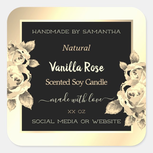 Luxuriöse Floral Black Gold Packaging Labels Quadratischer Aufkleber (Vorderseite)