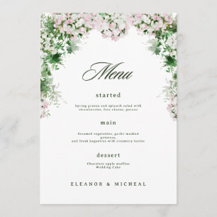 Luxuriöse florale Hochzeit mit sanftem rosa botani Menükarte