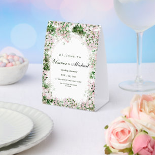 Luxuriöse florale Hochzeit mit sanftem rosa botani Tischaufsteller