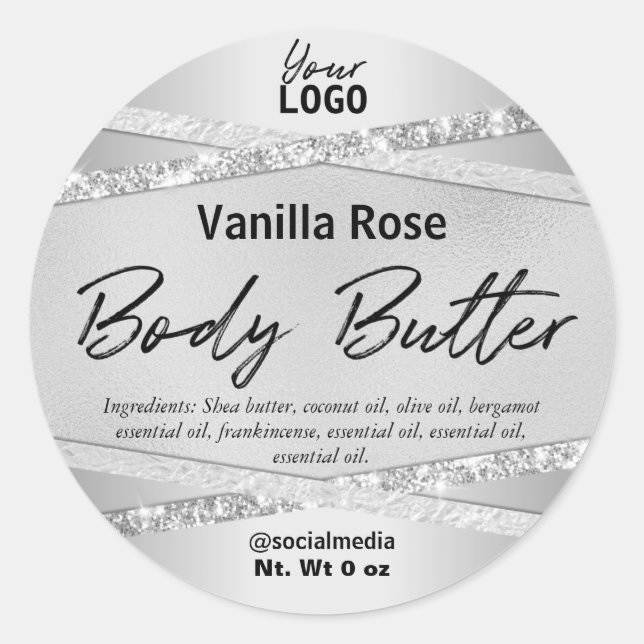Luxuriöse Foil Glitzer Silver Body Butter Labels Runder Aufkleber (Vorderseite)