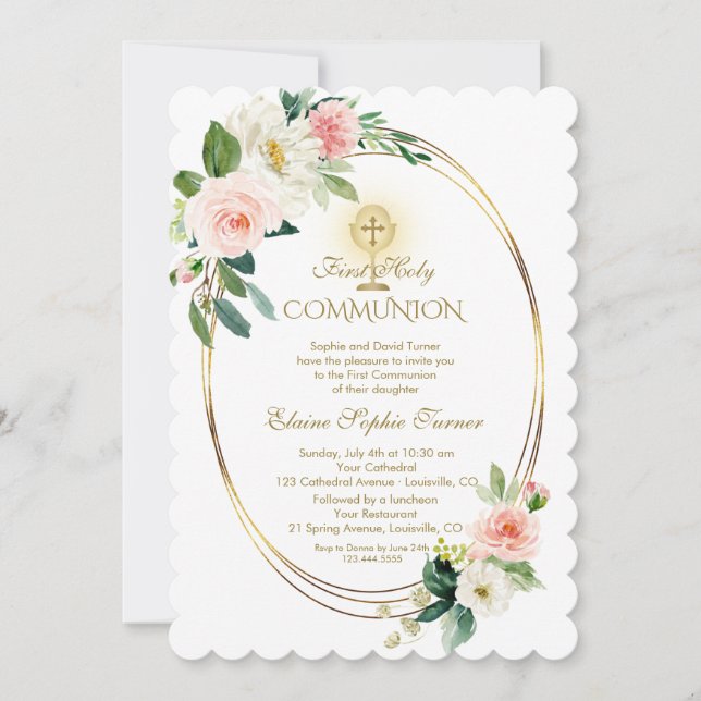 Luxuriöse Frühlingsblüte Floral Gold Heilige Kommu Einladung (Vorderseite)