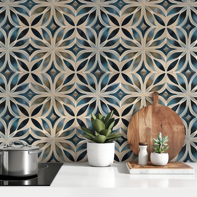 Luxuriöse geometrische Blüten - Blau und Beige Tapete (Von Creator hochgeladen)