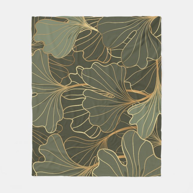 Luxuriöse Ginkgo Gold Line Art Fleecedecke (Vorderseite)