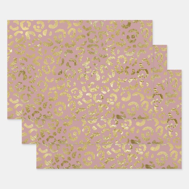 Luxuriöse Glam Gold Pink Leopard Print Geschenkpapier Set (Set)