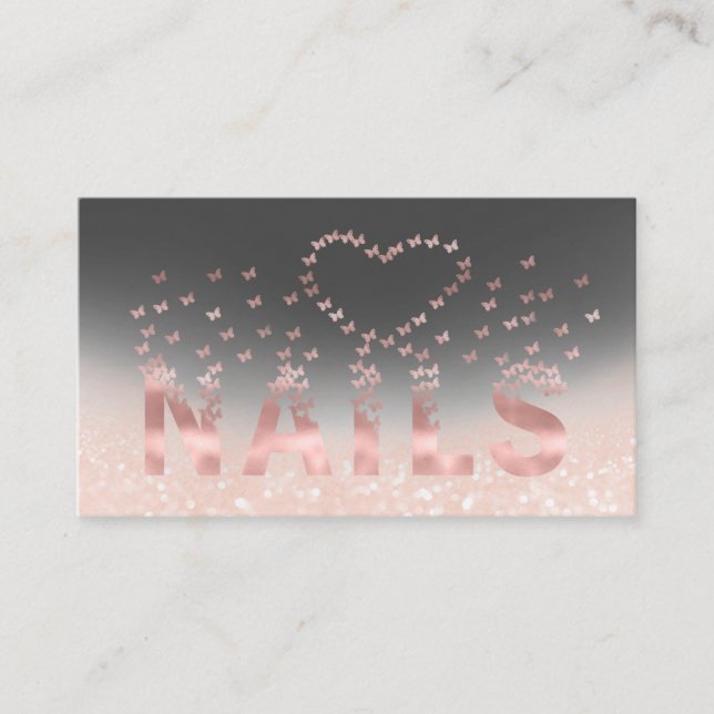 Luxuriöse glänzende Rose Gold Schmetterlinge Nails Visitenkarte (Vorderseite)