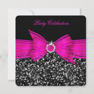 Luxuriöse Glitter Hot Pink Schleife Schwarz Party Einladung