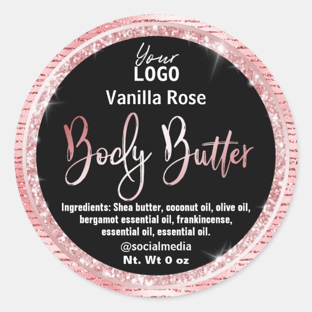 Luxuriöse Glitzer Rose Gold Black Body Butter Labe Runder Aufkleber (Vorderseite)
