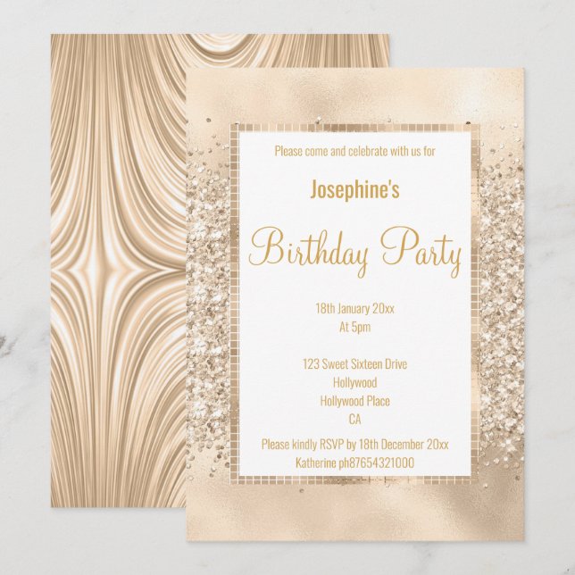 LUXURIÖSE GLITZER SATIN CHAMPAGNE & GOLD EINLADUNG (Vorne/Hinten)