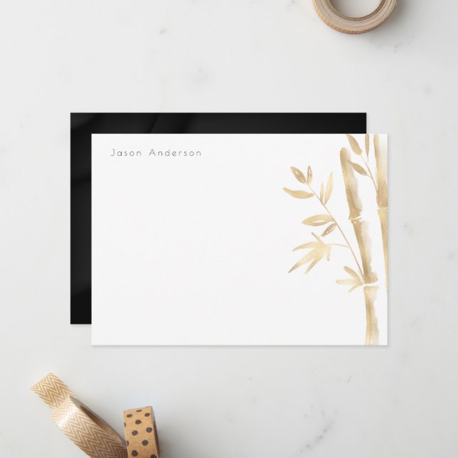 Luxuriöse Gold Bamboo Monogram Stationery Mitteilungskarte (Vorderseite/Rückseite Beispiel)