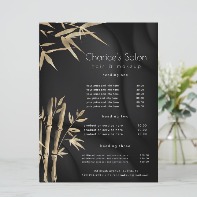 Luxuriöse Gold Bamboo Salon Price Card Menükarte (Stehend Vorderseite)