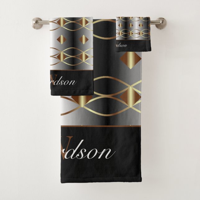 Luxuriöse Gold Black und Silber Mit Monogramm Badhandtuch Set (Insitu)