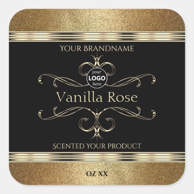 Luxuriöse Gold Glitzer Black Product Labels Quadratischer Aufkleber (Vorderseite)