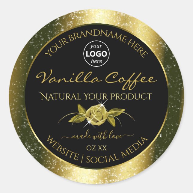 Luxuriöse Gold Glitzer Black Product Labels Runder Aufkleber (Vorderseite)