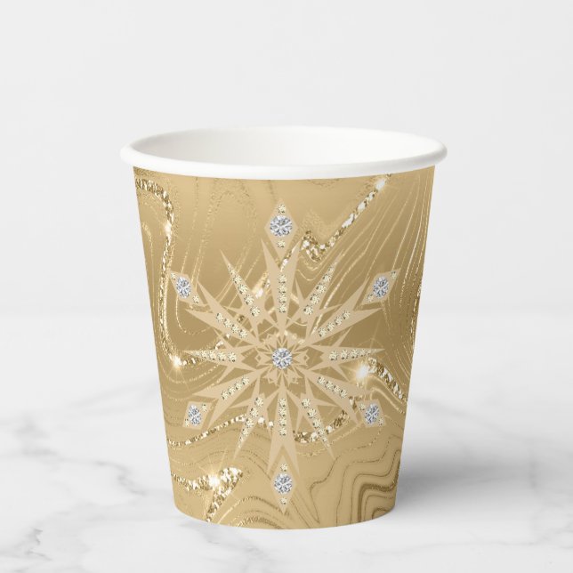 Luxuriöse Gold Glitzer Snowflake Diamant Papierauf Pappbecher (Vorderseite)