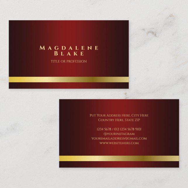 Luxuriöse Gold Line Minimalistisch Red Burgundy Visitenkarte (Vorne/Hinten)