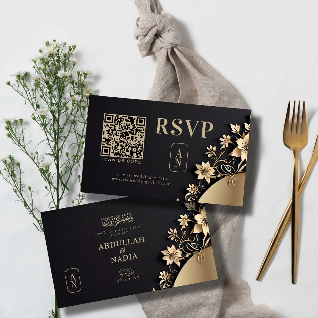 Luxuriöse Golden Floral Islamic Wedding QR UAwg Begleitkarte (Von Creator hochgeladen)
