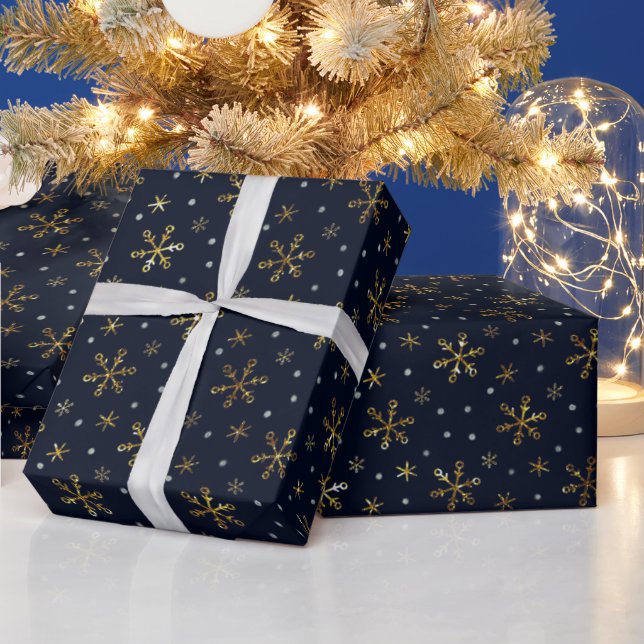 Luxuriöse Golden Navy Blue Snowflakes Weihnachten Geschenkpapier (Feiertage)