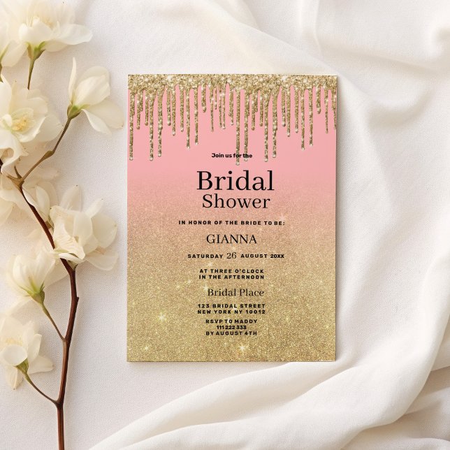 Luxuriöse goldene Glitzer Rosa ombre Tropfen Braut Einladung (Luxury gold glitter pink ombre drips Bridal Shower)