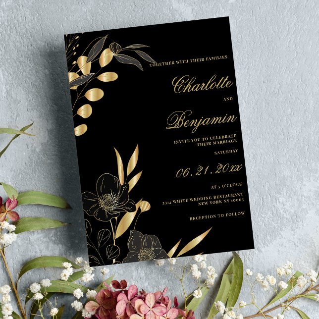 Luxuriöse goldene schwarze elegante Blumenhochzeit Einladung (Luxury gold black elegant floral theme wedding)