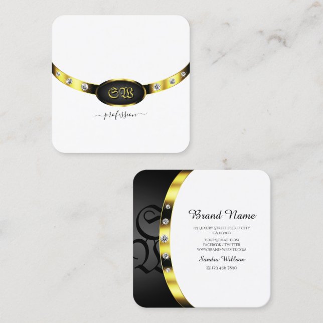 Luxuriöse goldene und schwarze Monogramm mit Diama Quadratische Visitenkarte (Vorne/Hinten)