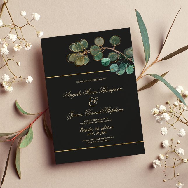Luxuriöse goldgrüne Eukalyptus-Blätter Hochzeit Einladung (Luxury black gold green eucalyptus leaves wedding)