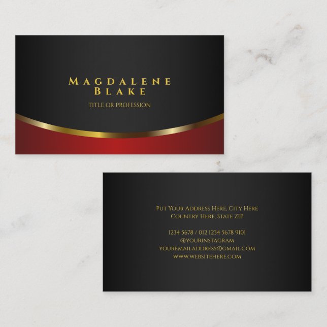 Luxuriöse Goldkurve Minimalistisch Black Red Visitenkarte (Vorne/Hinten)