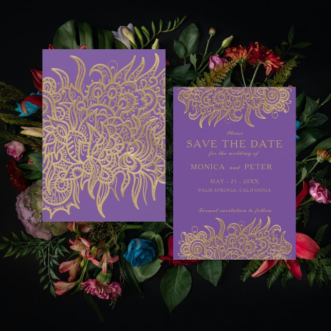 Luxuriöse Goldmedaille auf Lila klassischer Hochze Save The Date (Von Creator hochgeladen)