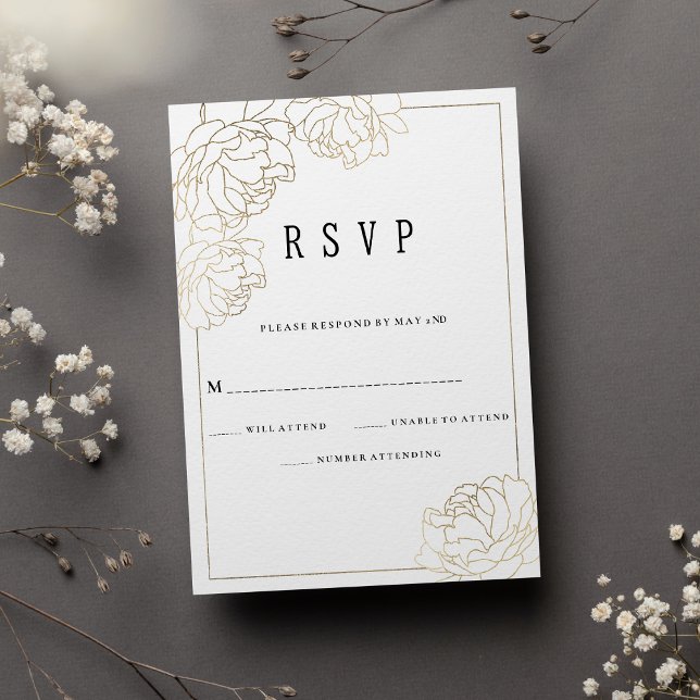 Luxuriöse Goldtypografie, Blütenblättrige UAWG Einladung (Luxury white gold typography peony floral RSVP)