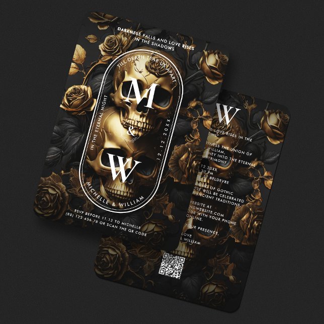 Luxuriöse gotische Hochzeitsholzsilber-Rose Einladung (Luxury Gothic Wedding Black Gold Skull Roses Invitation
)
