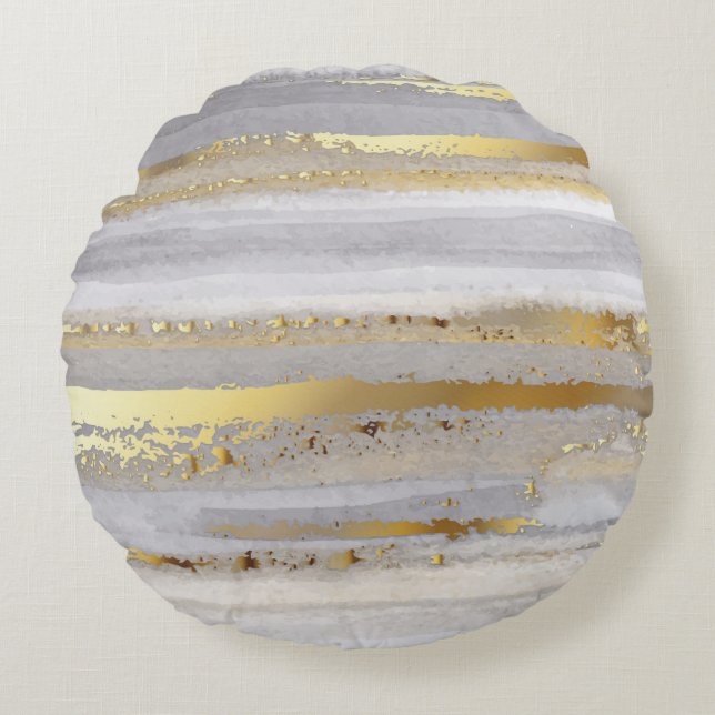 Luxuriöse graue Aquarellfarbe und goldene Textur Rundes Kissen (Vorderseite)